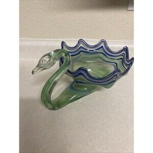 Vintage Green And Blue Swirl Art Glass Swan Bowl